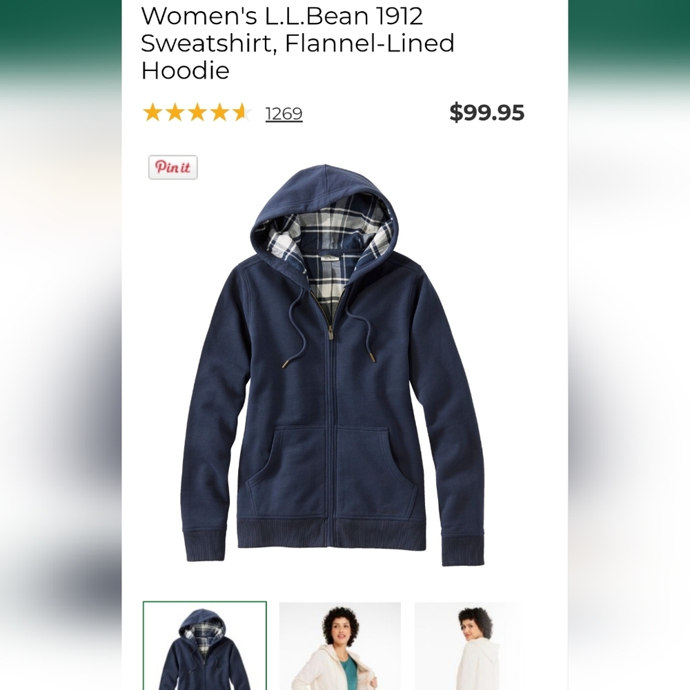 L.L. Bean Women's 1912 Flannel Lined Hoodie In Grey With Multi Color Lining